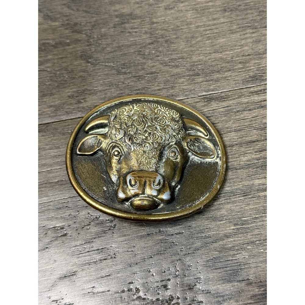 Vintage Myers Suzio Malcolm Hereford Cows Farm 3D Bull Head Belt Buckle Brass